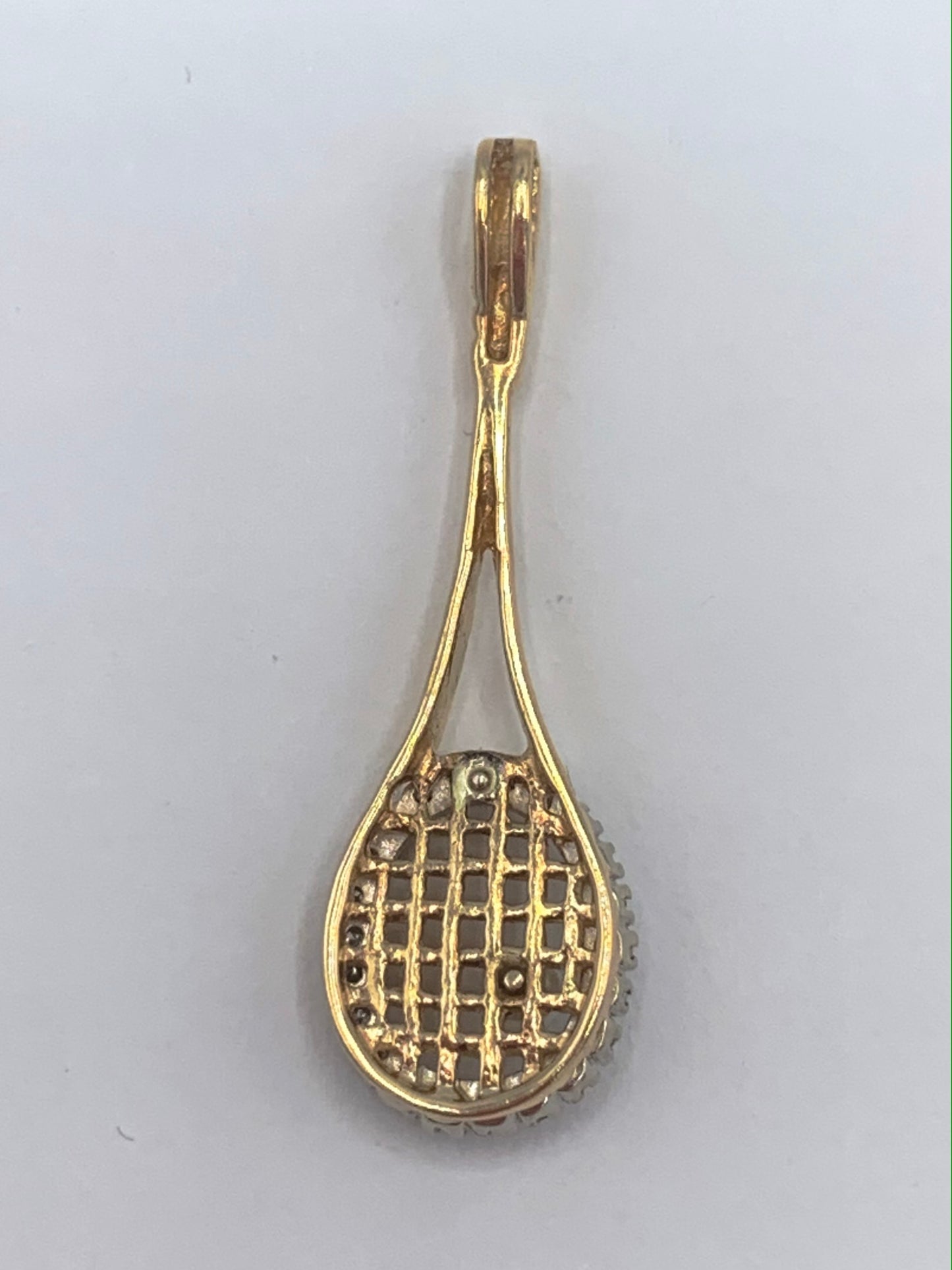 14K Yellow Gold Tennis Racket Pendant with .50 TCW Diamonds and One Pearl