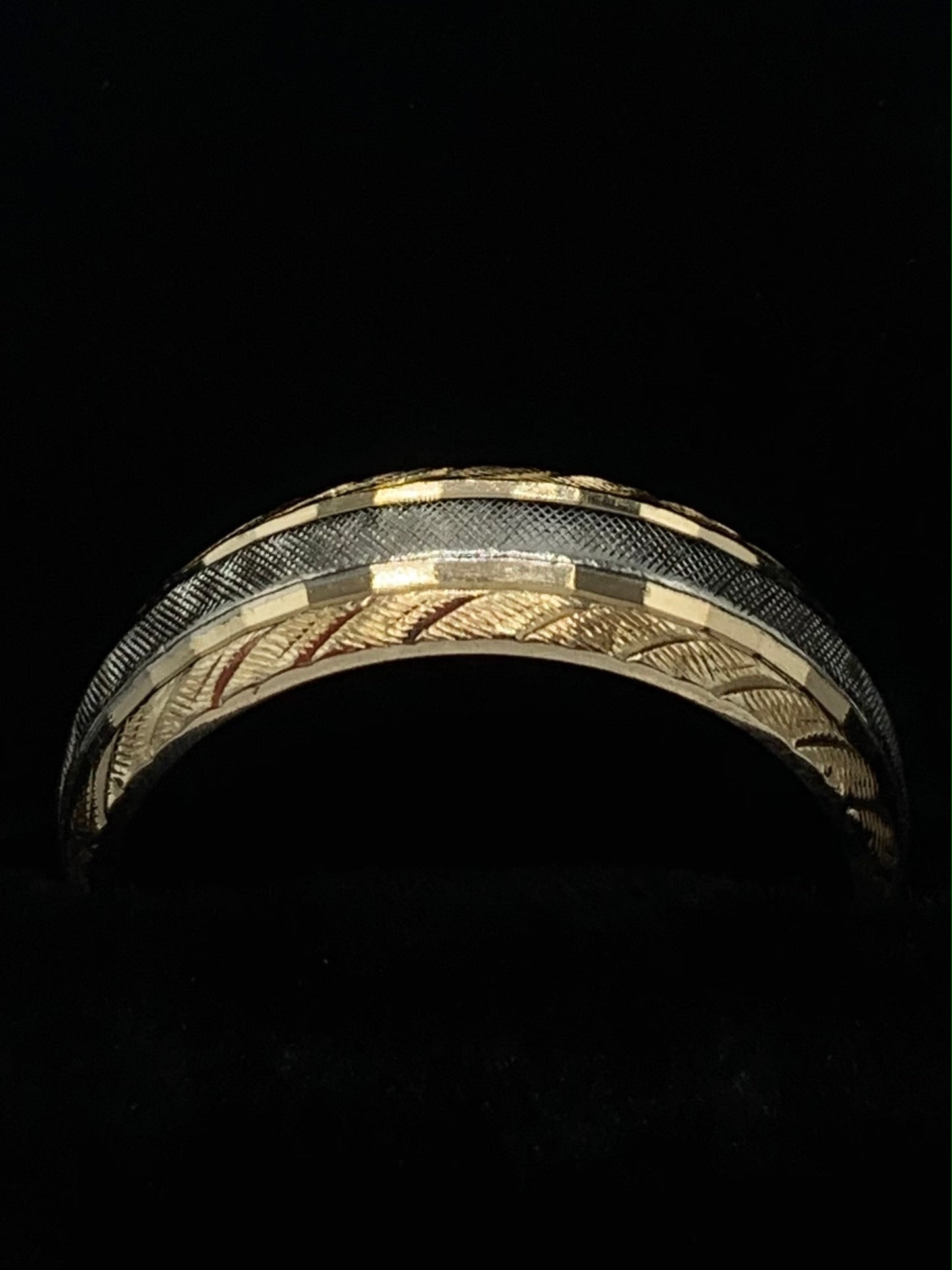 14K Yellow and White Gold 6mm Wedding Band with a Florentine and Line Cut Design