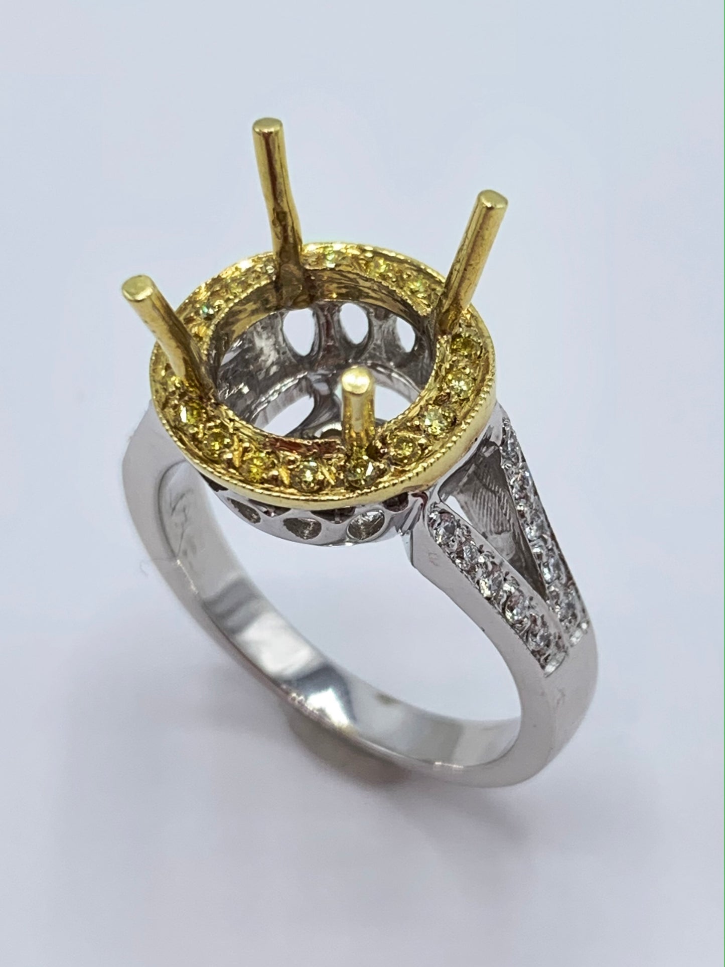 18K Yellow and White Gold Yellow and Round Diamond Semi-Mount Engagement Ring