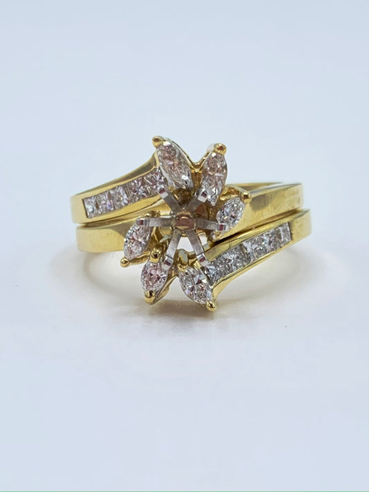 14K Yellow Gold Marquise and Princess Cut Diamond Semi-Mount Wedding Set