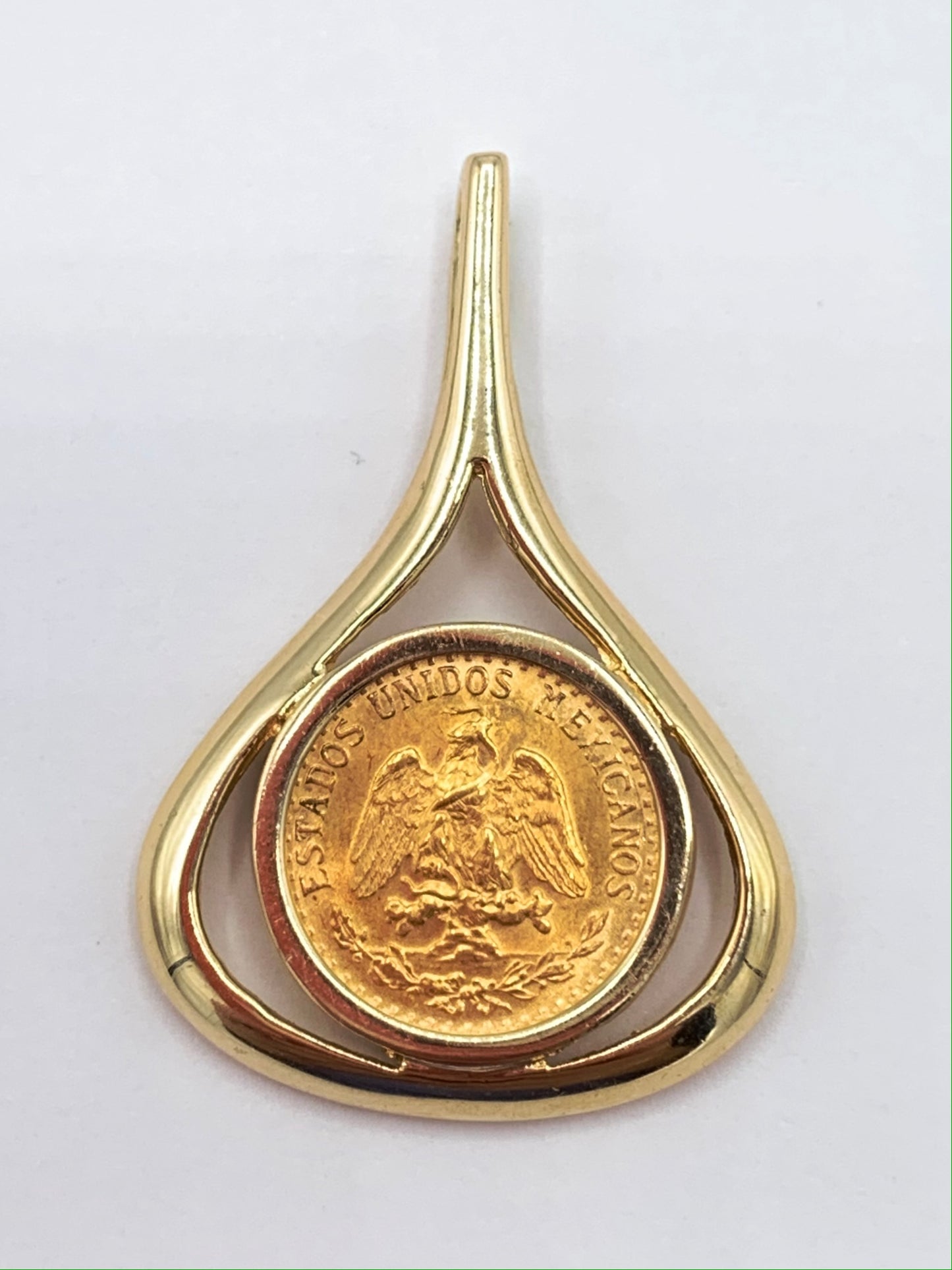 Mexican Dos Peso Coin Pendant with 14K Yellow Gold Frame