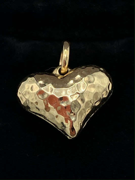 Puffed Heart Pendant in 14K Yellow Gold with Hammered Finish