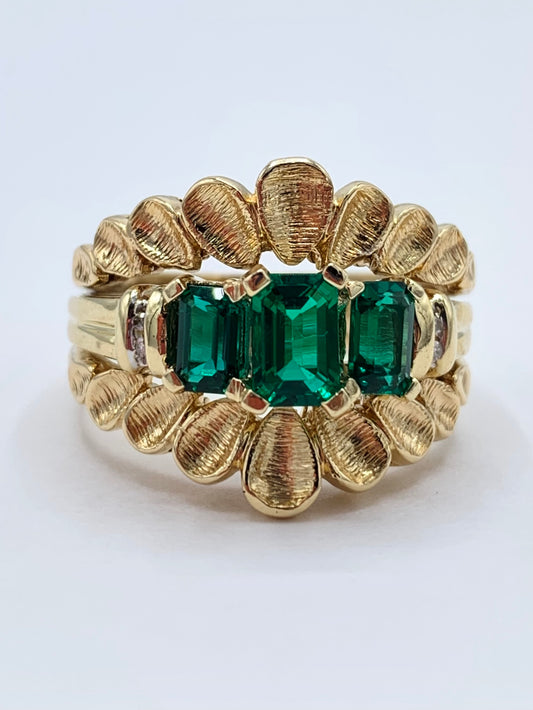 Estate 14K Yellow Gold Synthetic Emerald Guard Ring