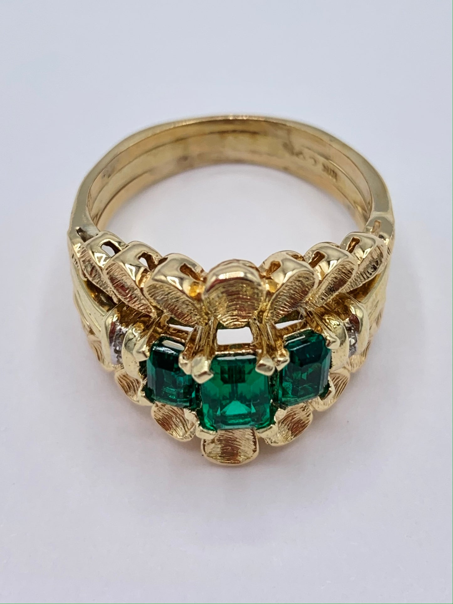 Estate 14K Yellow Gold Synthetic Emerald Guard Ring