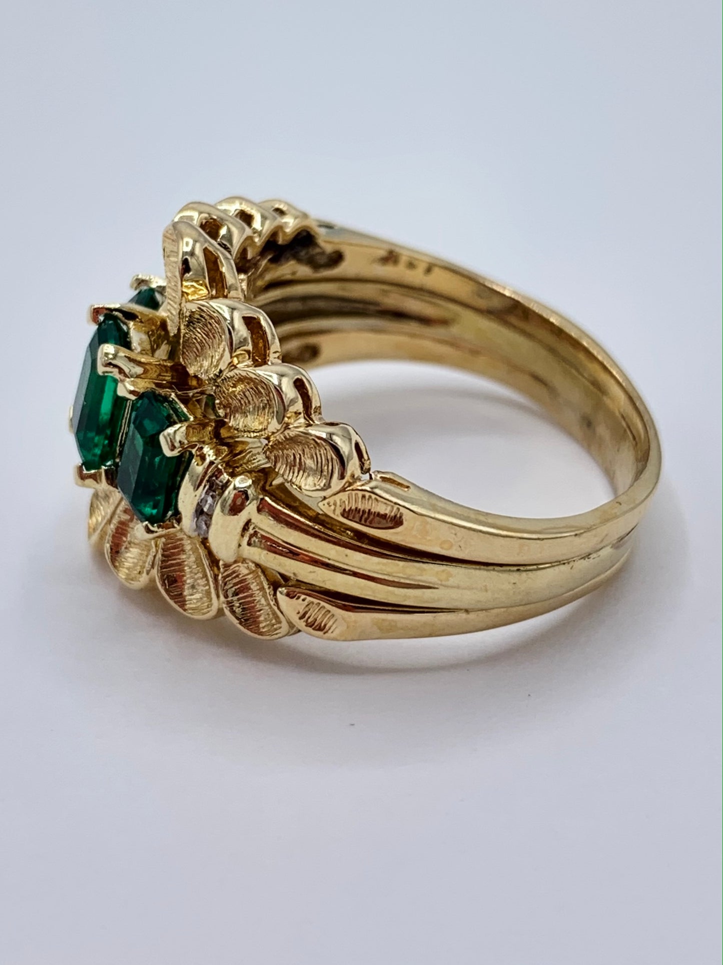 Estate 14K Yellow Gold Synthetic Emerald Guard Ring