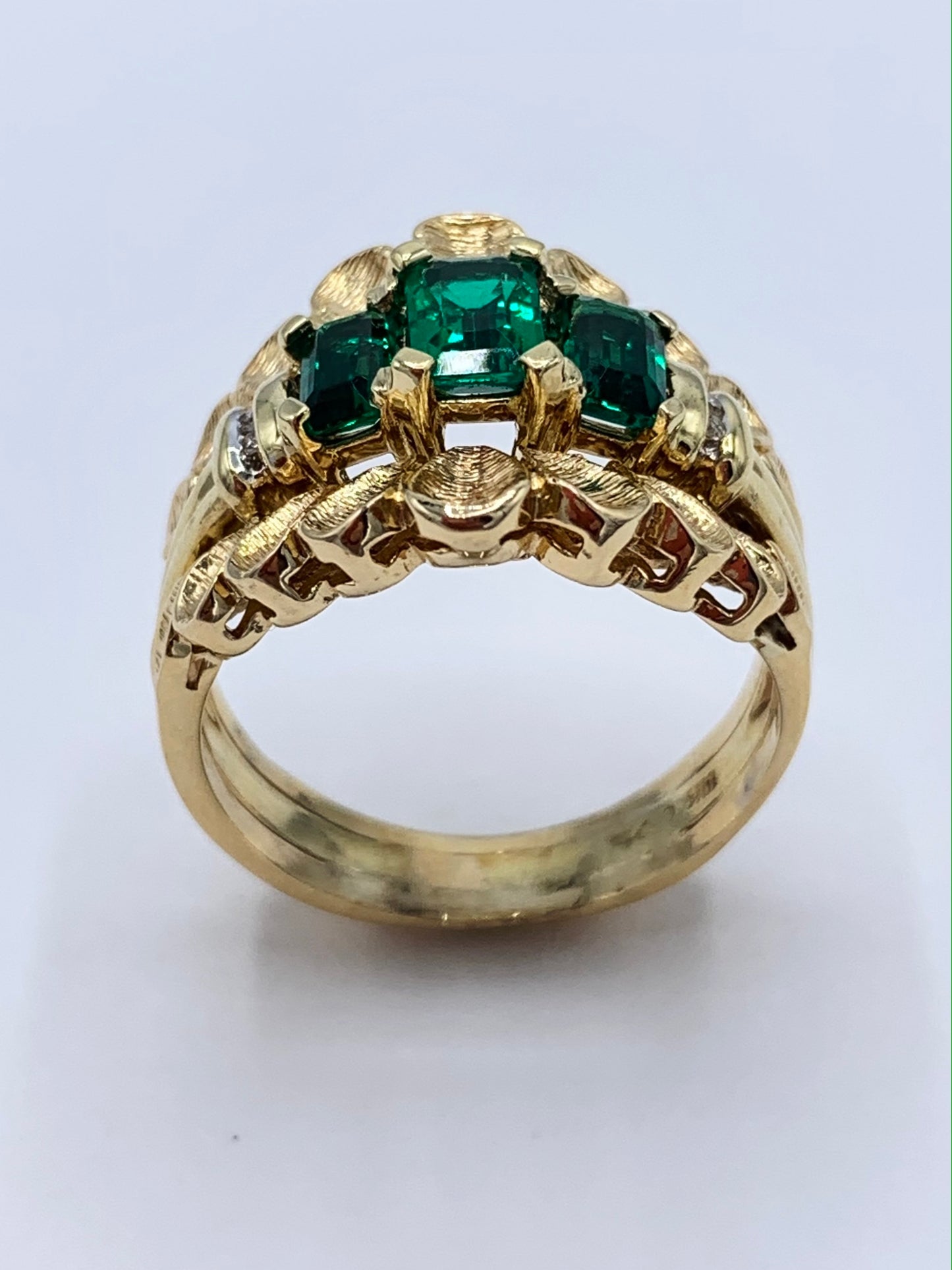 Estate 14K Yellow Gold Synthetic Emerald Guard Ring