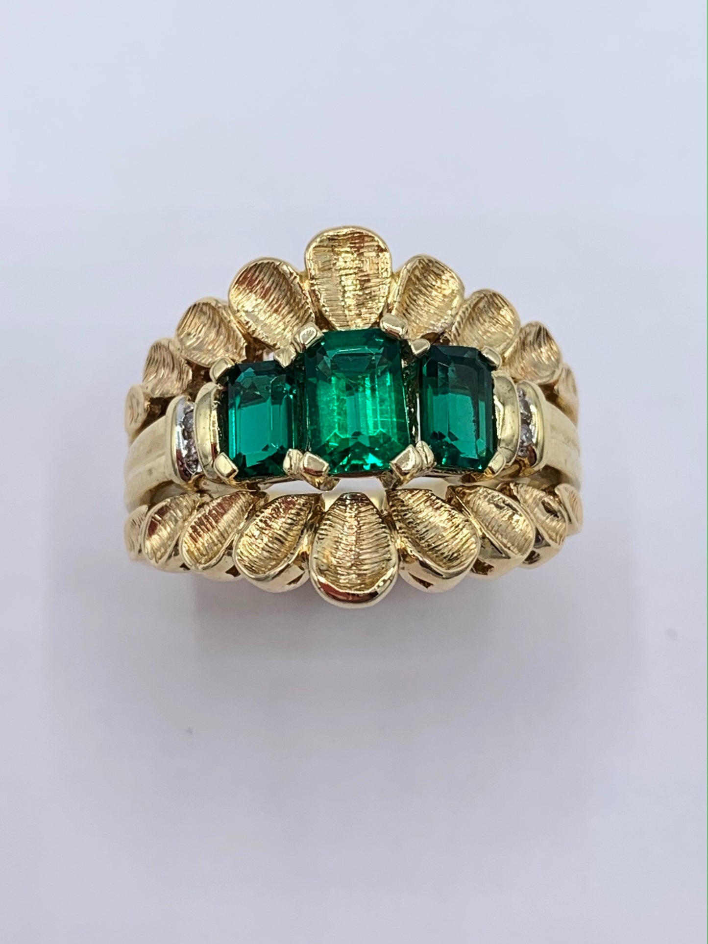 Estate 14K Yellow Gold Synthetic Emerald Guard Ring