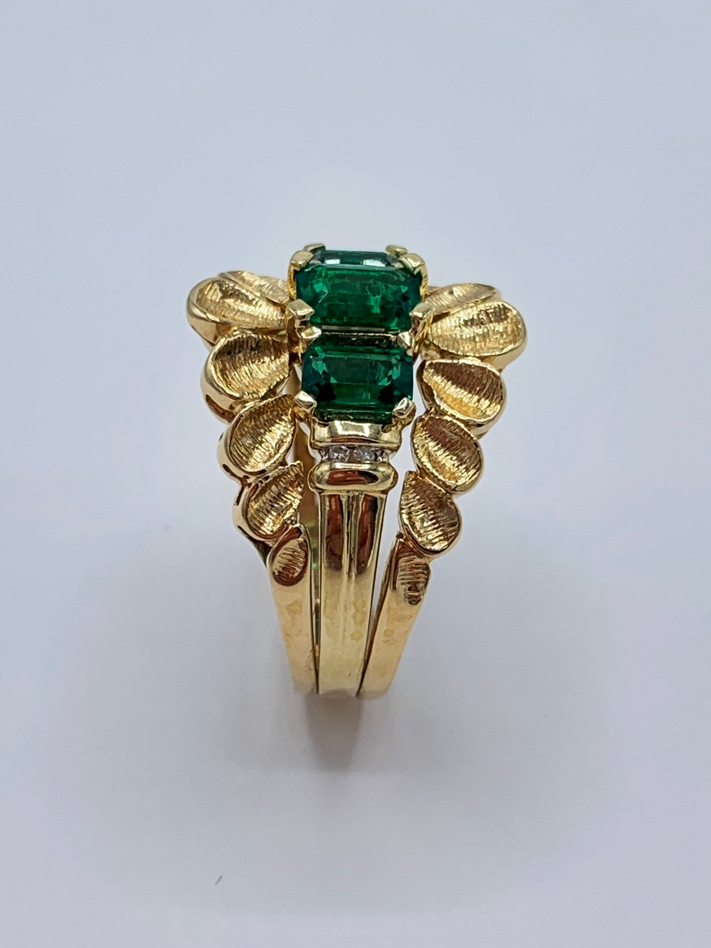 Estate 14K Yellow Gold Synthetic Emerald Guard Ring