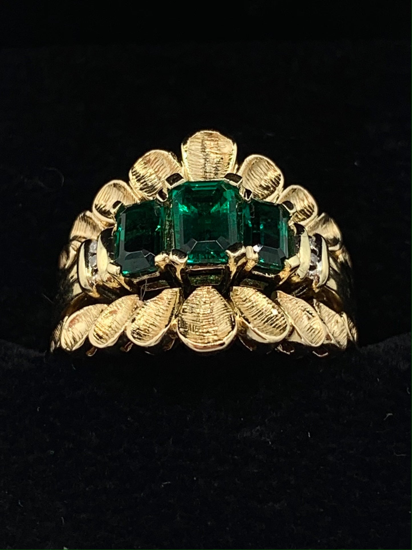 Estate 14K Yellow Gold Synthetic Emerald Guard Ring