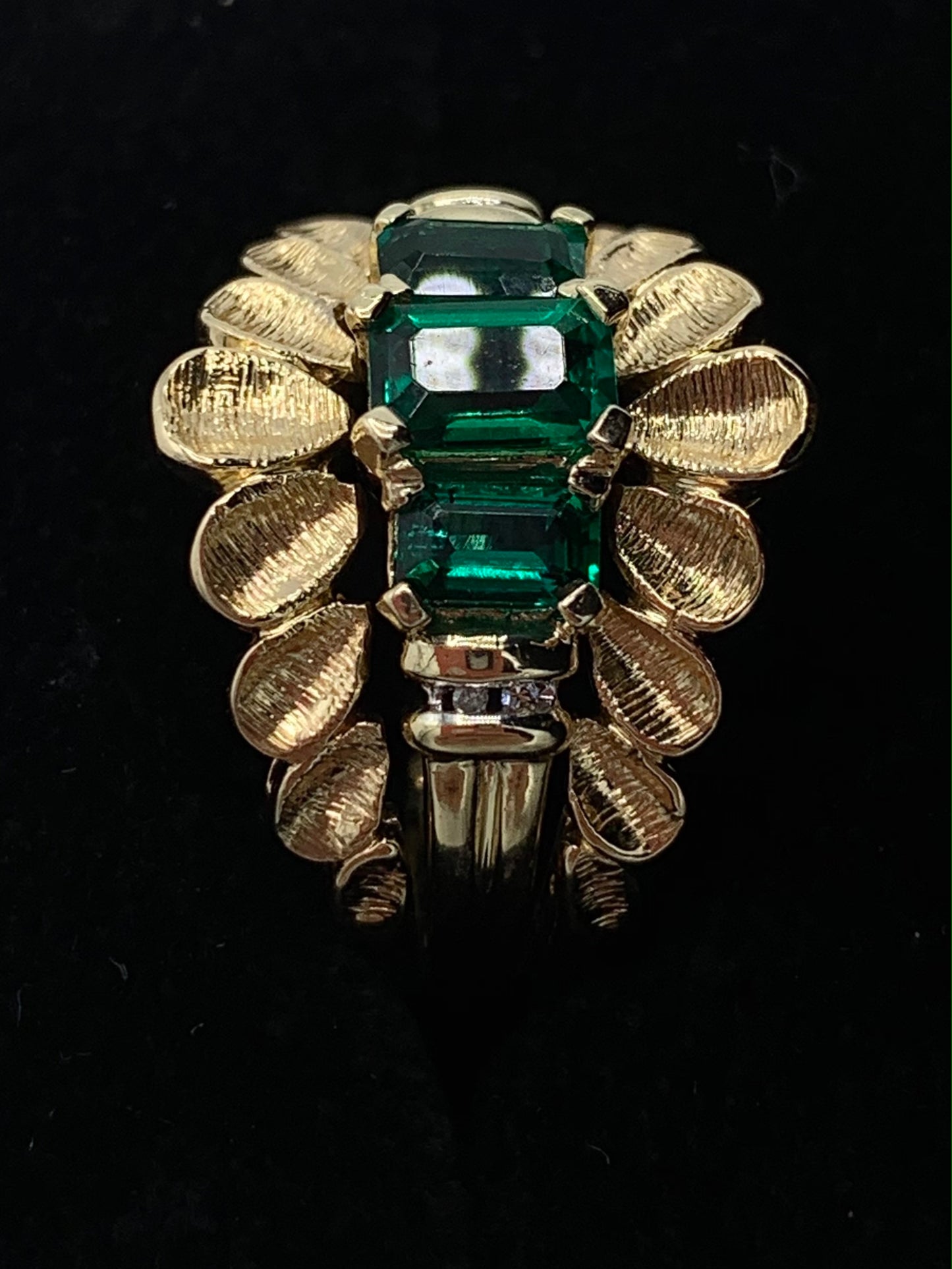 Estate 14K Yellow Gold Synthetic Emerald Guard Ring