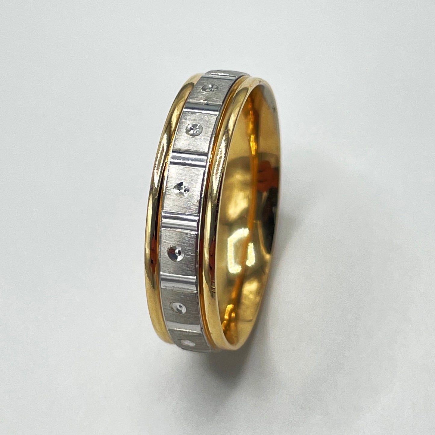 14K Yellow and White Gold Comfort Fit Wedding Band with Machine Wheel Finish