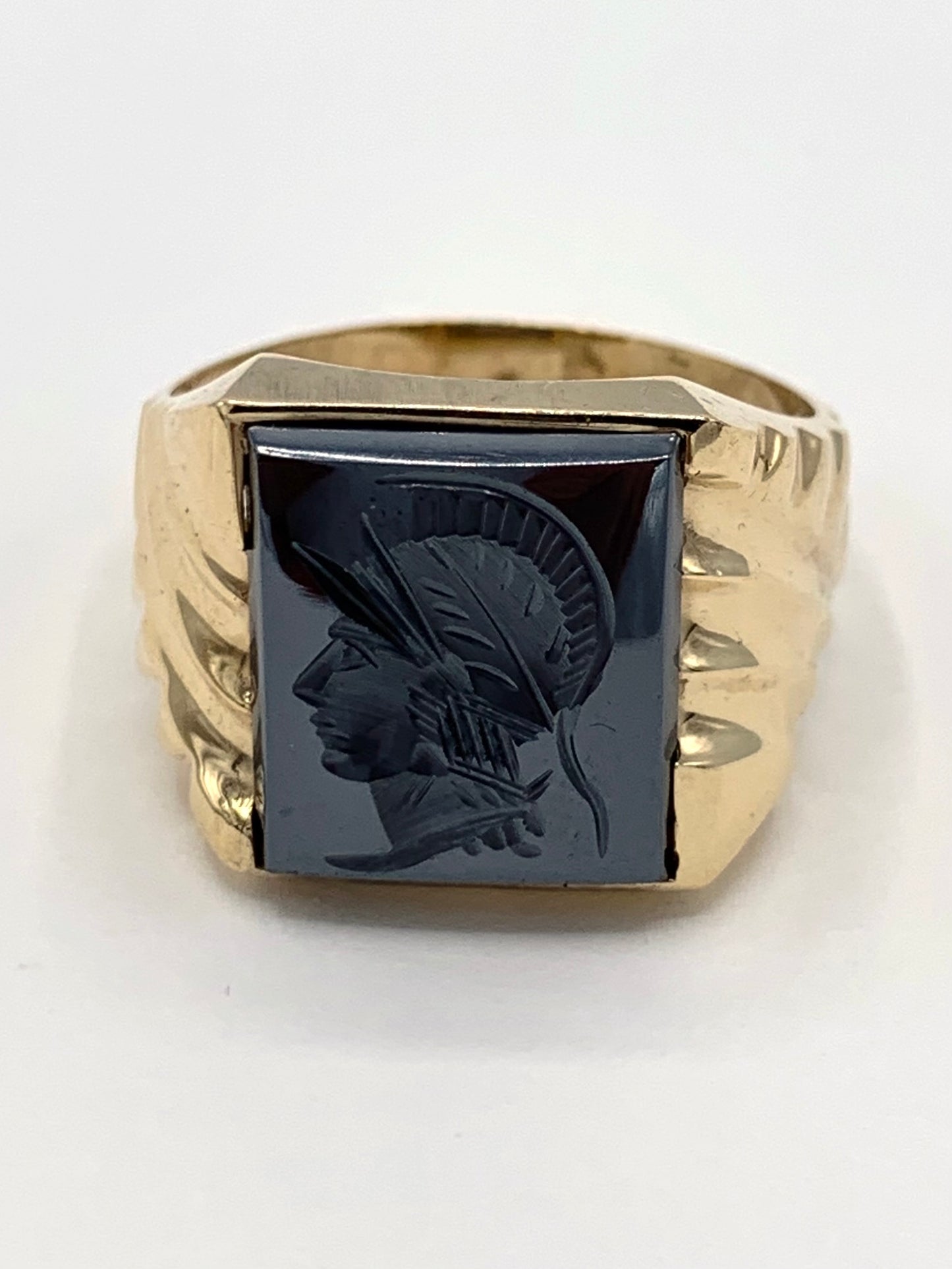 Estate 10K Yellow Gold Intaglio Spanish Soldier Hematite Ring