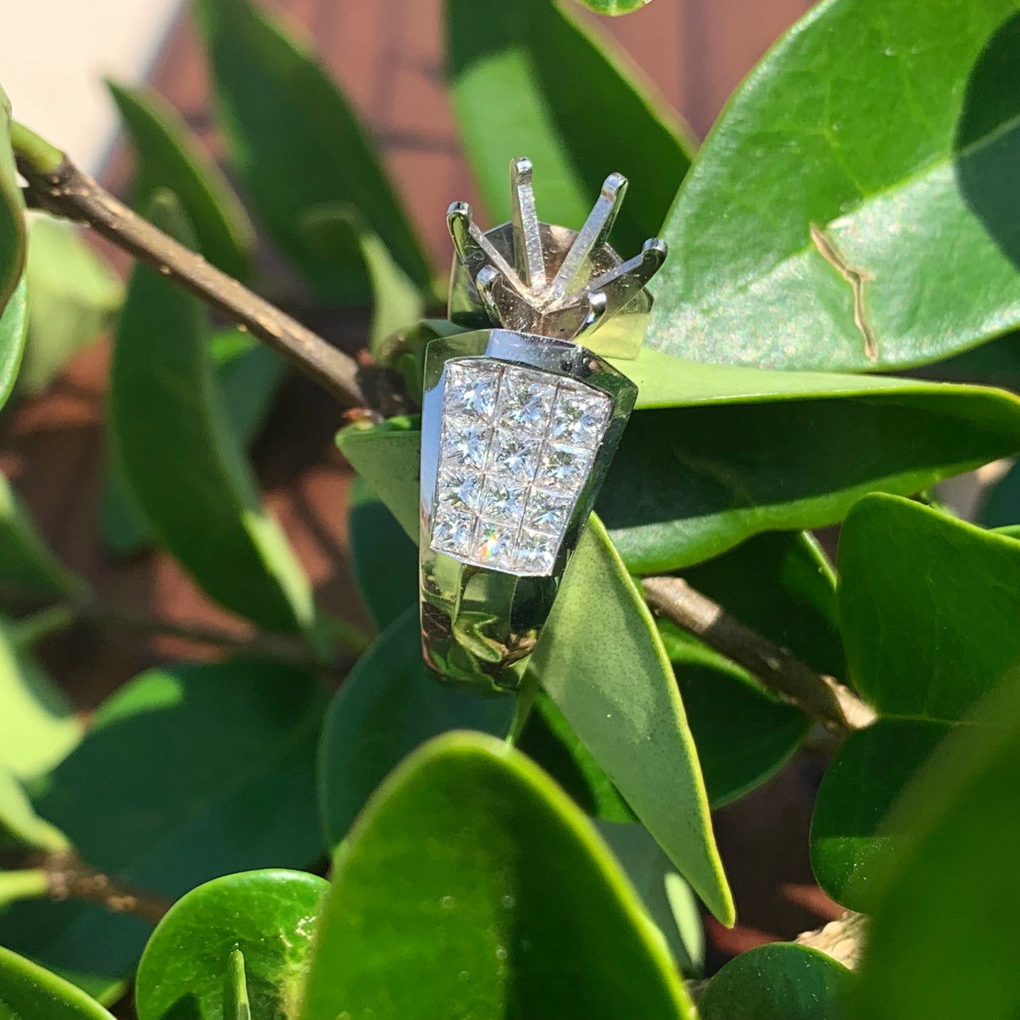 18K White Gold Semi-Mount Engagement Ring with Princess Cut Diamonds